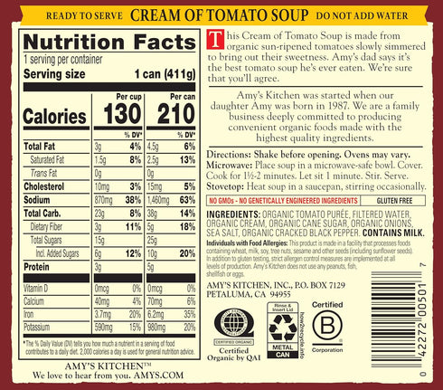 14.5 oz Amy's Soup, Organic Cream of Tomato, Low Fat, Gluten Free