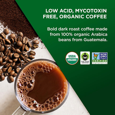 11 VitaCup Perfect Low Acid Coffee Ground, USDA Organic & Fair Trade, Mycotoxin Free, Dark Roast Guatemala Single