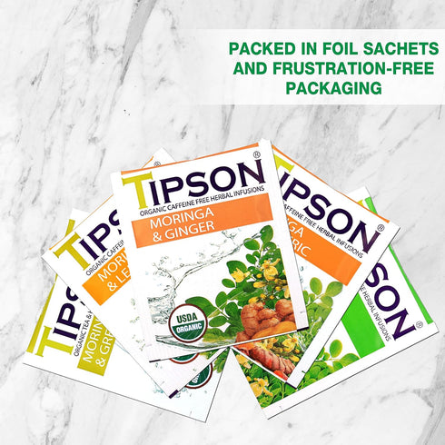 Tipson Organic Moringa Variety Sampler, 6 Flavors (60 Tea Bags), Herbal Tea Infusions, USDA Organic, Non-GMO, Gluten