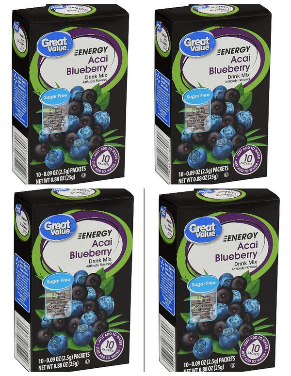 Great Value Energy Acai Blueberry Sugar-Free Drink Mix: 4 box count (40 packets)