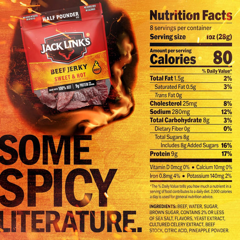100% 9g 8 oz Jack Link's Beef Jerky Half Pounder - Sweet & Hot - Real Beef - Ready to Eat Real Meat Protein Snacks