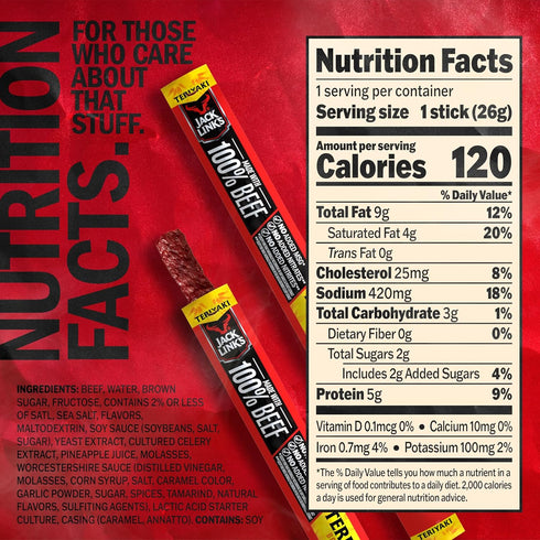 5g 100%-Beef,Keto 0.92 Oz.,(Pack 40) Jack Link's Beef Sticks,Teriyaki - Protein Snack,Meat Stick with of Protein,Beef