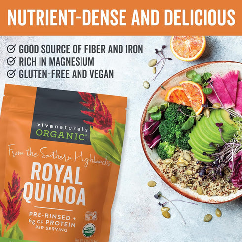 4 lb Viva Naturals Organic Quinoa, Pre-Washed Whole Grain, Plant Protein, USDA Organic, Gluten-Free, Non-GMO, Vegan