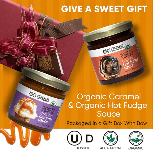 Set 2 King's Cupboard Ice Cream Toppings Gift of Jars - Organic Caramel Sauce and Organic Hot Fudge Sauce - Gourmet