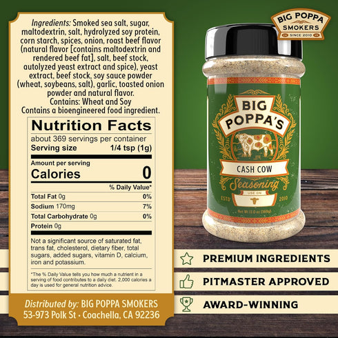 (13 Oz Big Poppas Cash Cow Beef Rub Championship BBQ Seasoning for Brisket, Burgers & Ribeye Balanced Beefy Flavor