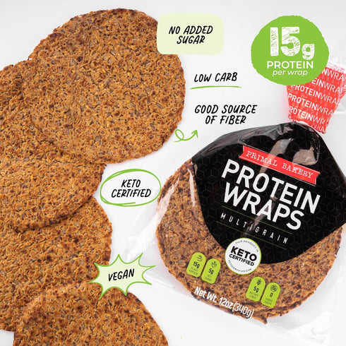 5-Count. 4 pack (20 15g 5g 0g 5g Primal Bakery Multigrain Protein Wraps. Wraps Total) | Plant-Based Protein per Wrap |