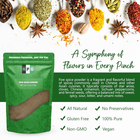 NPG Authentic Chinese Five Spice Powder, 4 Ounces Gluten Free All Natural Ground Mixed Spice Seasoning for Asian Cuisine
