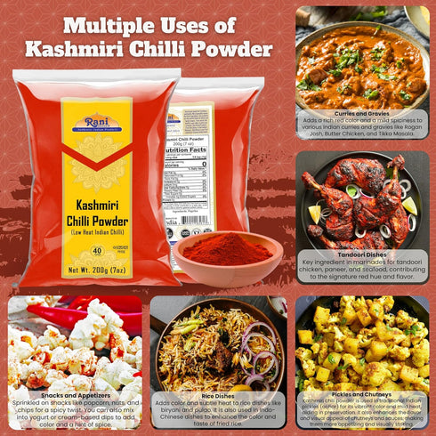 Rani Kashmiri Chilli Powder (Deggi Mirch, Low Heat), Ground Indian Spice, 7oz (200g), All Natural, Vegan