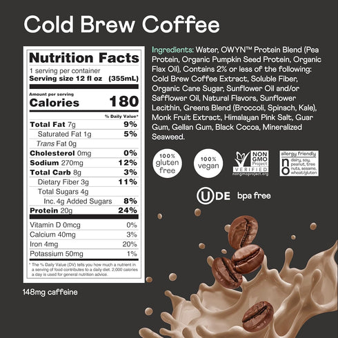 100% 12 Pack, 20g Omega-3, OWYN Vegan Plant-Based Protein Shake, Cold Brew Coffee, with Plant Protein, Prebiotic