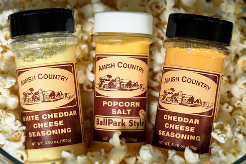 Country 5.5 oz, 4.7 oz 3.8 oz Amish Popcorn | BallPark Style Buttersalt - Cheddar Cheese - & White Cheddar Cheese