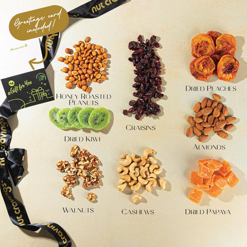 (8 Package, NUT CRAVINGS - Mothers Day Treats, Dried Fruit & Mixed Nuts Gift Basket, Black Tower + Ribbon Assortments)