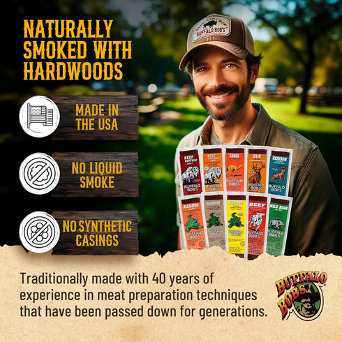 Buffalo Bob's (10-Pack), 10 Pack Exotic Jerky Flavor Variety of Snack Sticks, Wild Game Beef Gifts for Men