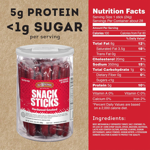 24 (Pack 2) OLD WISCONSIN Beef Snack Sticks, High Protein, Gluten Free, Ounce Resealable Jar