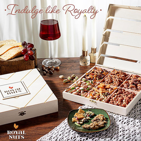 Royal Nuts Gift Basket Gourmet Mixed & Assorted Nuts in Reusable Wooden Crate | Deluxe Holiday Food & Nut Gift Box