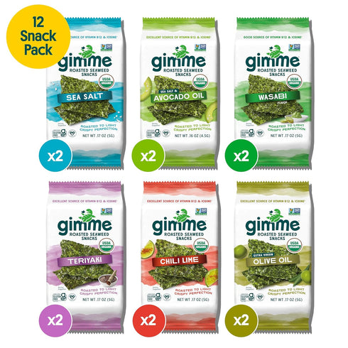 Gimme 6 Pack, 12 Count (2 Omega3s Seaweed Organic Premium Roasted Seaweed Snacks, New Flavor Variety Each) Keto, Vegan