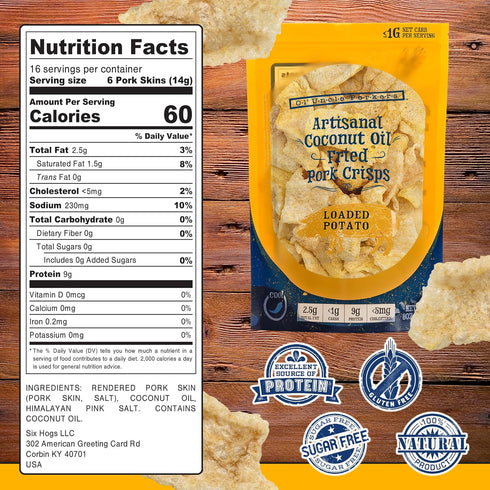 8 oz Pack 1) Ol' Uncle Porkers Keto-Friendly Pork Rinds Fried in Coconut Oil, Bags, (Loaded Baked Potato Flavor