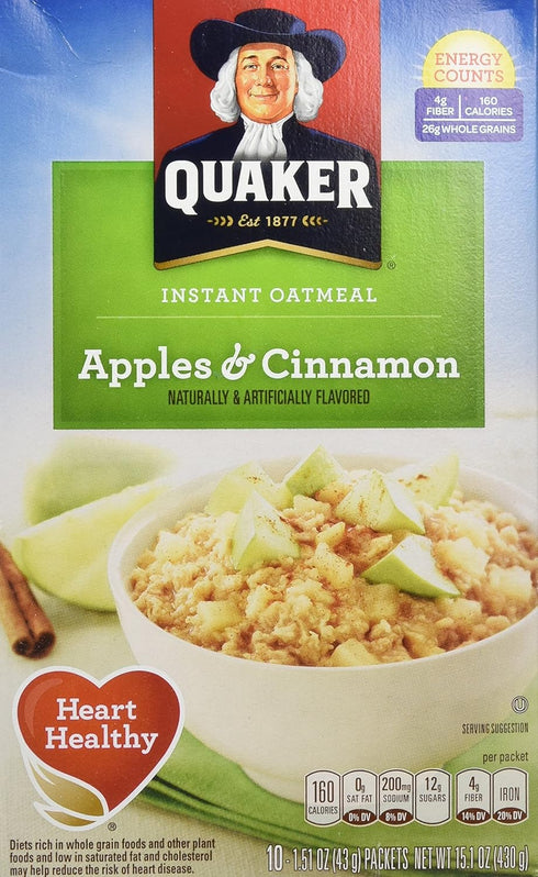 Quaker Instant Oatmeal, Apples & Cinnamon, Breakfast Cereal, 15.1 Ounce, (Pack of