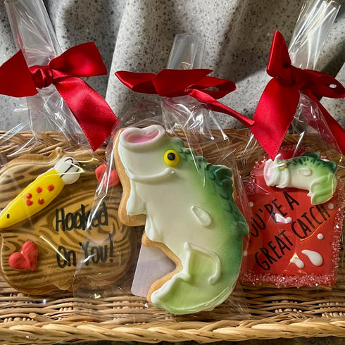BakersDozenToGo 6 Hooked on You Fishing Valentine- Crunchy Decorated Shortbread Cookies Individually Wrapped With Bow