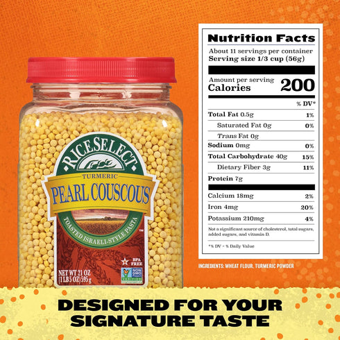 21-Ounce (Pack 1) RiceSelect Pearl Couscous with Turmeric, Israeli-Style Wheat Couscous Pasta, Non-GMO, Jar