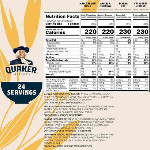 4 Pack, 7g+ Packets, 24 Count Quaker Instant Oatmeal, Protein Flavor Variety Protein, Individual