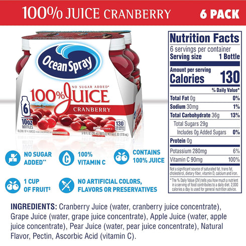 100% 10 (Pack 6) Ocean Spray Juice, Cranberry, Ounce Bottles