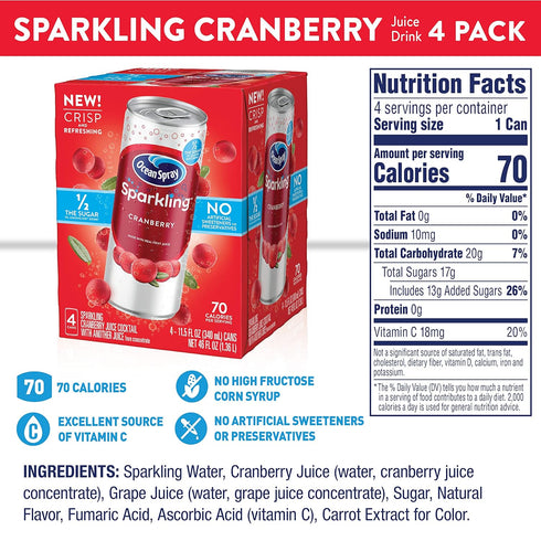 11.5 Oz 4 Count (Pack 6) Ocean Spray Sparkling Cranberry Juice Drink, Fl Cans