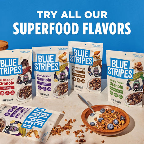 70% 5g 7 oz Blue Stripes Whole Cacao Granola - Gluten Free Dark Chocolate Granola for Cereal, Oatmeal, Yogurt, Protein