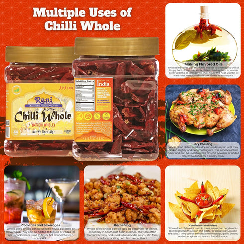 Rani Chilli Whole (Lal Mirch Sabut), 5oz (141g) PET Jar - All Natural, Vegan, Gluten Friendly