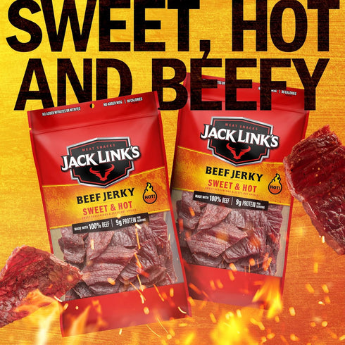 9g 100% 9 Oz. (Pack 2) Jack Link's Beef Jerky, Sweet & Hot, Large Jerky Bags - Flavorful Meat Snacks, Ready to Eat