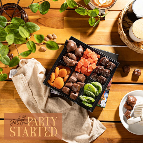Premium Fruit & Chocolate Gift Box Assortment with Chocolate Pecans, Dried Apricots, Kiwi Slices, Papaya, Sea Salt