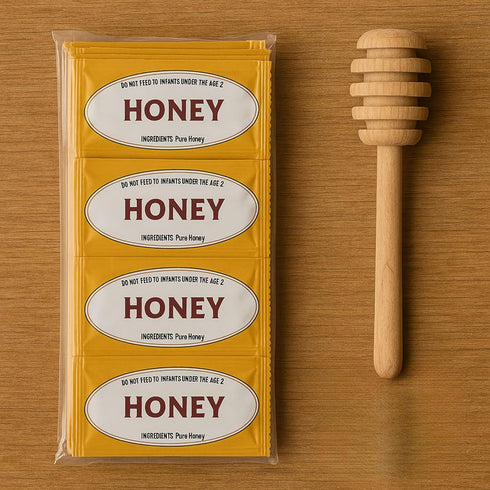 Movelo Honey Packets 25 Single-Serve Portion Sachets with Wooden Dipper Natural Sweetener Packs