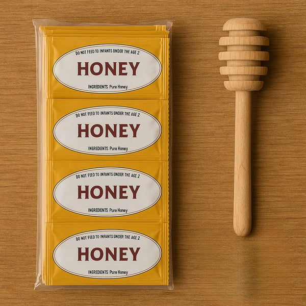 Movelo Honey Packets 25 Single-Serve Portion Sachets with Wooden Dipper Natural Sweetener Packs