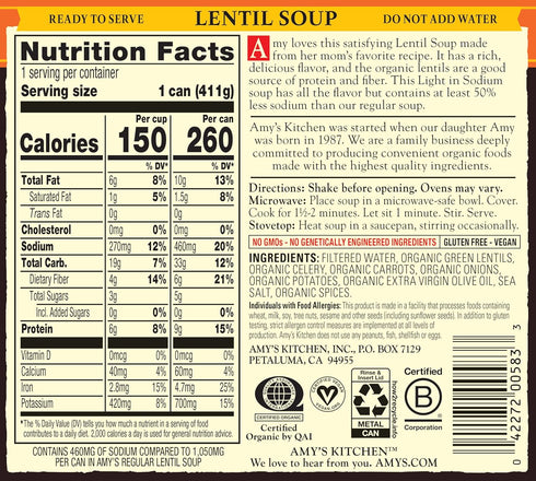 14.5 (Pack 6) Amy's Soup, Vegan, Gluten Free, Organic Lentil, Light in Sodium, Ounce