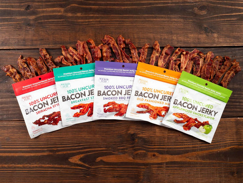 12g (2 Sriracha Flavored Bacon Jerky, Protein Per Bag, Tender & Easy to Chew Fully Cooked Bacon, USA Made, High Protein