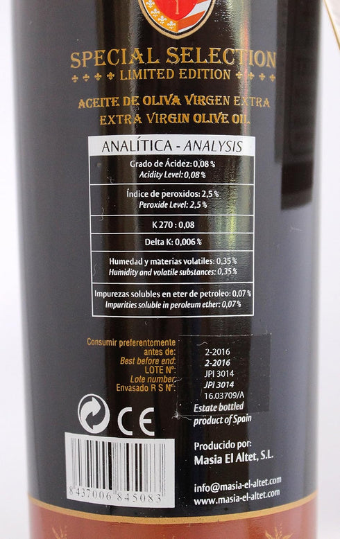 Masia el Altet 16.9 oz (500ml) Special Selection Extra Virgin Olive Oil from Valencia, Spain, fl