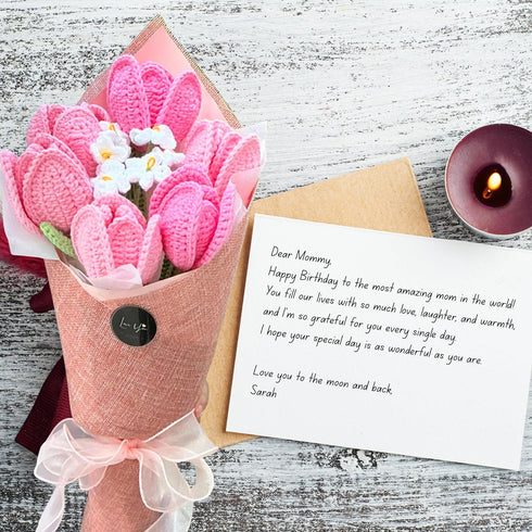 Handmade Crochet Flower Bouquet, Fake Flowers for Woman, Mom, Valentine, Birthday, Weddings, Graduation (Include Card)