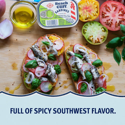3.75 oz (Pack 12) 12g Beach Cliff Wild Caught Sardines in Soybean Oil with Hot Green Chilies, Can of - Protein per