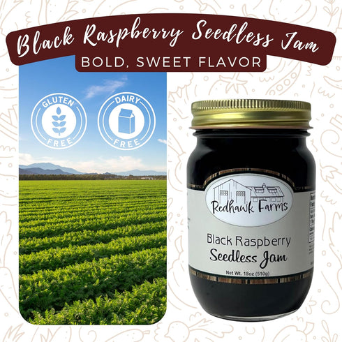 (18 oz) Redhawk Farms Seedless Black Raspberry Jam - Slowcooked Black Raspberry Jelly - Homemade Jams, Jellies