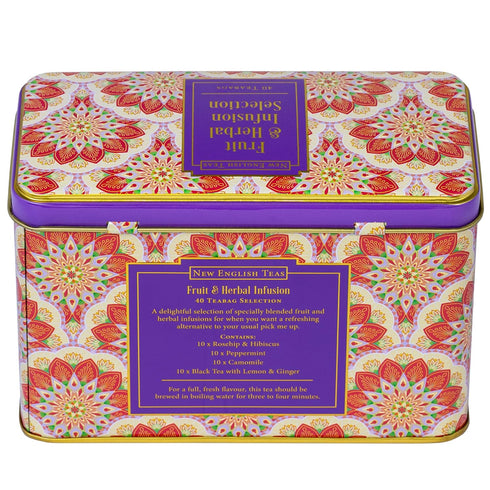 40 New English Teas Fruit and Herbal Tea in Tin with Teabags - Rosehip & Hibiscus, Peppermint, Chamomile & Black Tea
