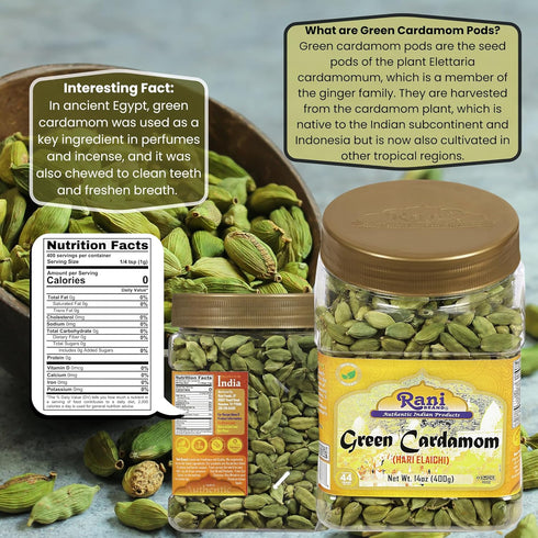 14oz (400g) Rani Green Cardamom Pods Spice (Hari Elachi) PET Jar ~ All Natural | Vegan | Gluten Friendly | NON-GMO |