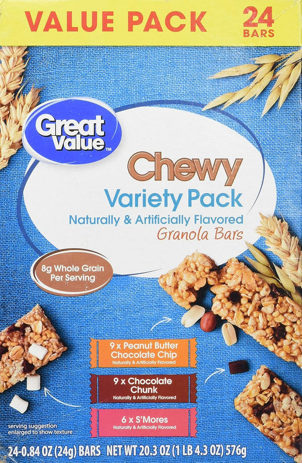 Getgal Great Value Chewy Variety Pack Granola Bars Value Pack, 0.84 oz, 24