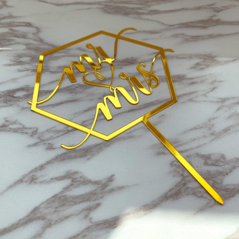 Larger Size Acrylic Mirror Gold Hexagon Mr and Mrs Cake Toppers - Elegant Handwriting Wedding, Bridal Shower,