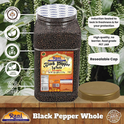 MG-1 80oz (5lbs) 2.27kg Rani Black Pepper Whole (Peppercorns), Premium Grade Bulk PET Jar ~ All Natural | Gluten