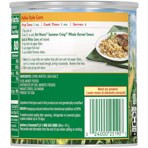 Summer 11 oz Del Monte Crisp Whole Kernel Gold and White Corn, Can