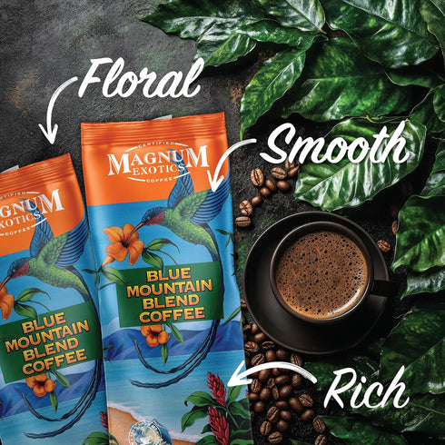100% 1 Lb (Pack 2) Magnum Exotics Coffee Blue Mountain Coffee Blend - Medium-Light Roast, Whole Bean, Made from Arabica