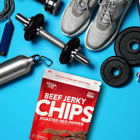 22g (2 Wicked Cutz Roasted Red Pepper Beef Jerky Chips, Protein per Bag, Crispy & Crunchy Beef Jerky Crisps, USA Made