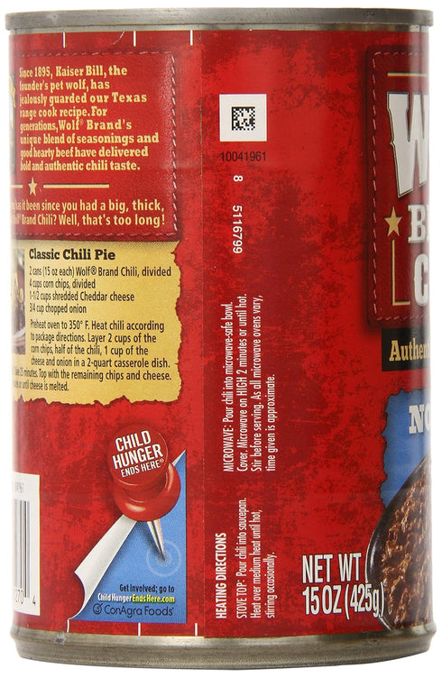Wolf Brand Chili 15 (Pack 12) with No Beans, Ounce