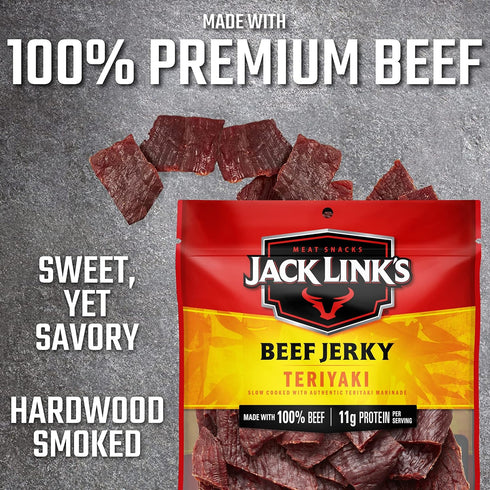 11g 80 100% 2.85 Oz. Jack Link's Beef Jerky, Teriyaki Jerky Bag Flavorful Meat Snack, Ready to Eat Protein Snack