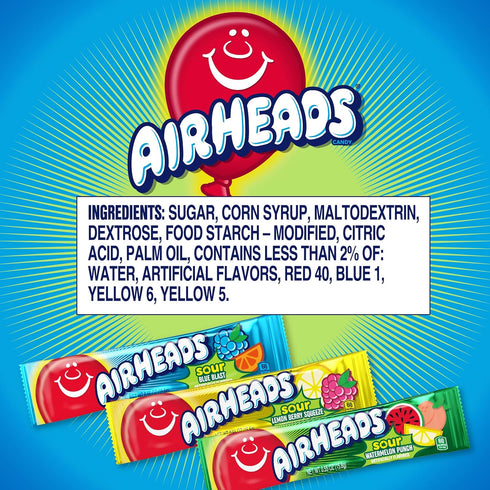 9 Airheads SOUR Candy Bars, Sour Watermelon Punch, Blue Blast, Lemon Berry Squeeze, Bar Movie Theater Box