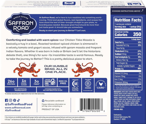 Frozen 10 Saffron Road Chicken Tikka Masala High Protein, Seed Oil Free, Chickens Raised with No Antibiotics, No